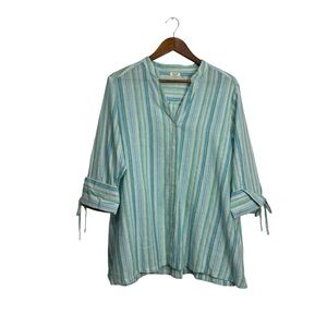 Symple blue white yellow stripe tunic button front tie sleeve‎ linen blend Large